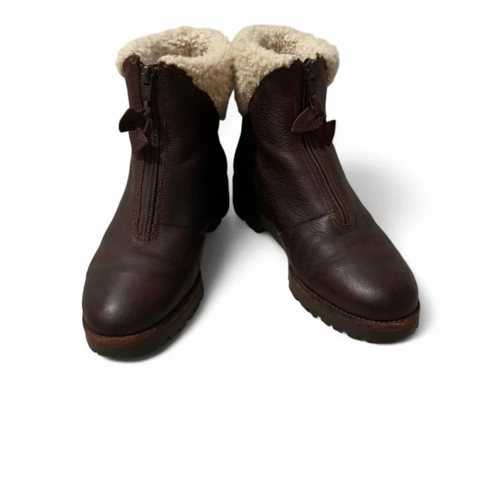 Vtg Cole Haan Shelley Sz 7 Brown Pebbled Leather Fur Lined Front Zip Booties